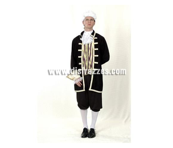 Disfraz barato de Cortesano para hombre. Talla standar 52/54. Incluye chaqueta, pechera con cuello y pantalón. Peluca NO incluida, podrás ver algunos modelos en la sección de Pelucas. Puede servir cómo disfraz de Época para hombre.