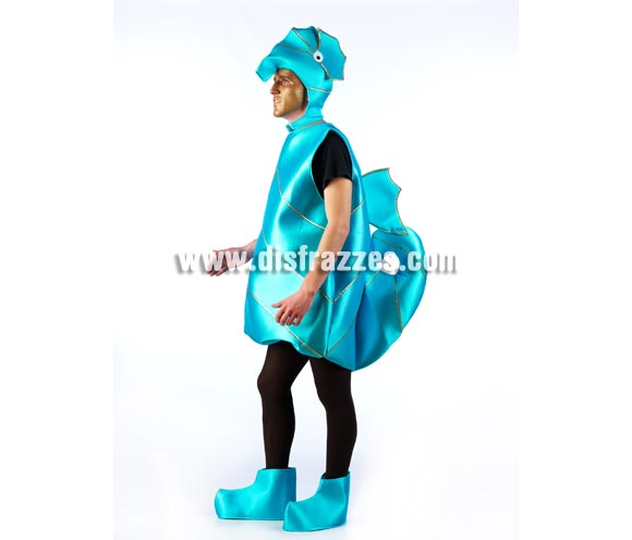Disfraz de Caballito de mar para adultos. Disponible en varias tallas. Incluye gorro, cuerpo y cublrepies. Un disfraz ideal para Comparsas, Peñas y Grupos. Existe la posibilidad de hacerlo en otros colores pero con un mínimo de 6 uds. por color y talla.