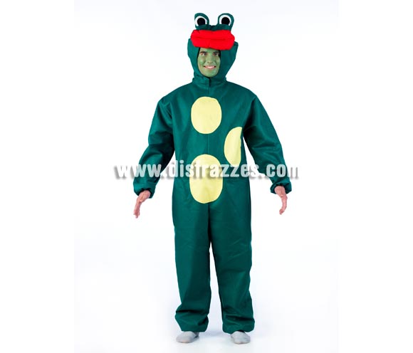 Disfraz de Rana para adultos de color VERDE OSCURO. Disponible en 2 tallas. Incluye gorro y mono. Disfraz exclusivo y muy original ideal para Comparsas, Peñas y Grupos.