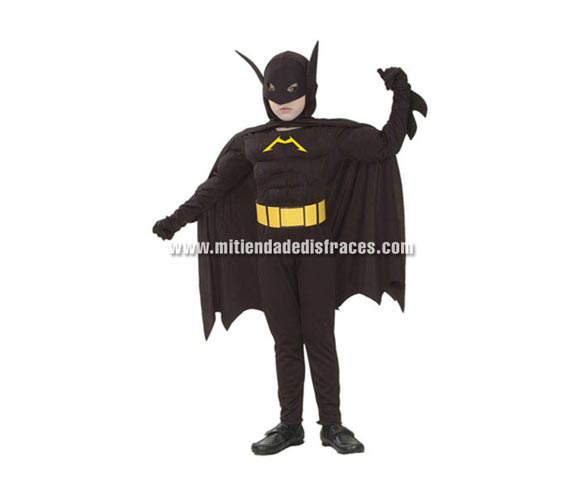 Disfraz de Murciélago Musculoso niño. Talla de 7 a 9 años. Incluye traje completo con capa y máscara. Para jugar a ser Batman.