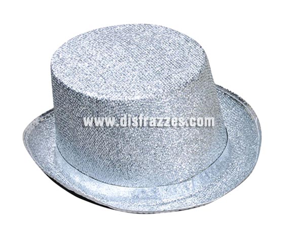 Sombrero de copa o Chistera plateado brillante para Carnaval. Talla universal de adultos. 