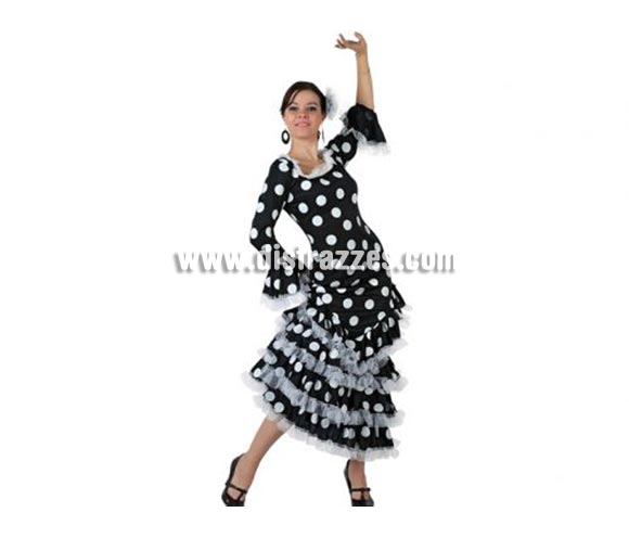 Disfraz de Faralae negro con lunares blancos para mujer. Talla 3 ó talla XL 44/48. Incluye vestido y tocado. Éste es un bonito traje de Andaluza o Sevillana de mujer.