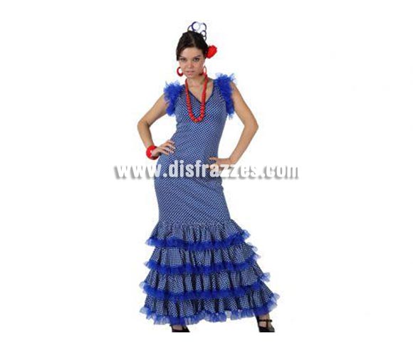Disfraz de Flamenca azul con lunar blanco para mujer. Talla 2 ó talla Standar M-L = 38/42. Incluye disfraz. Complementos NO incluidos, podrás encontrar en nuestra sección de Complementos. Perfecto para la Feria de Abril, la Feria de Málaga, etc.etc.