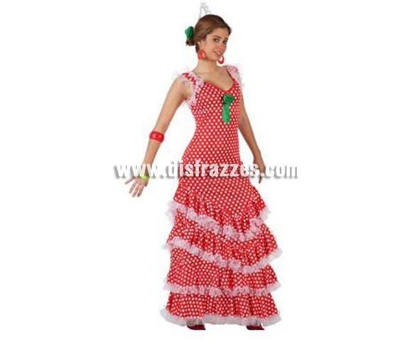 Disfraz de Sevillana rojo con lunar blanco para mujer. Talla XL 44/48. Complementos NO incluidos. Disfraz de Sevillana, Flamenca o Gitana de mujer perfecto para la Feria de Abril.