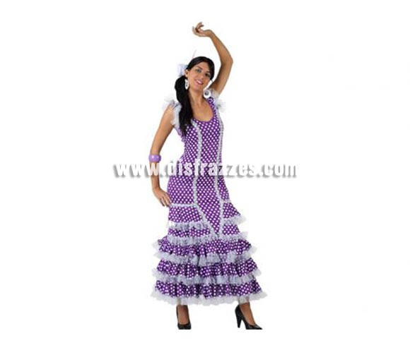 Disfraz de Faralae lila con lunar blanco para mujer. Talla 3 ó talla XL 44/48. Incluye vestido completo. Complementos NO incluidos. Disfraz de Sevillana, Flamenca o Gitana de mujer perfecto para la Feria de Abril.