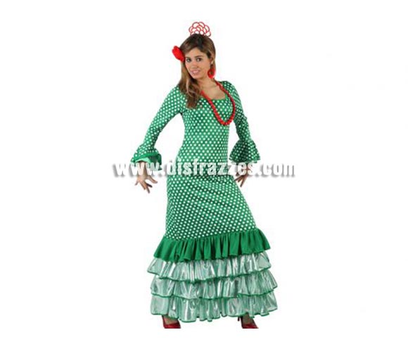 Disfraz de Faralae verde con lunar blanco para mujer. Talla 2 M-L ó talla standar = 38/42. Incluye vestido. Complementos NO incluidos. Disfraz de Sevillana, Flamenca o Gitana de mujer perfecto para la Feria de Abril.