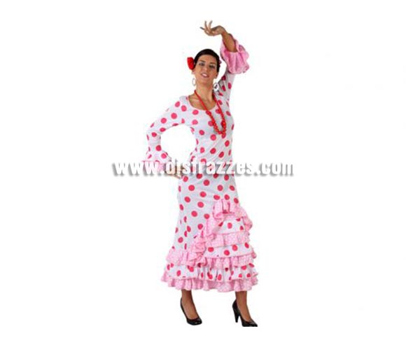 Disfraz de Faralae blanco con lunar rosa para mujer. Talla 2 ó talla Standar M-L = 38/42.Incluye vestido y flor. Complementos NO incluidos. Disfraz de Sevillana, Flamenca o Gitana de mujer perfecto para la Feria de Abril.