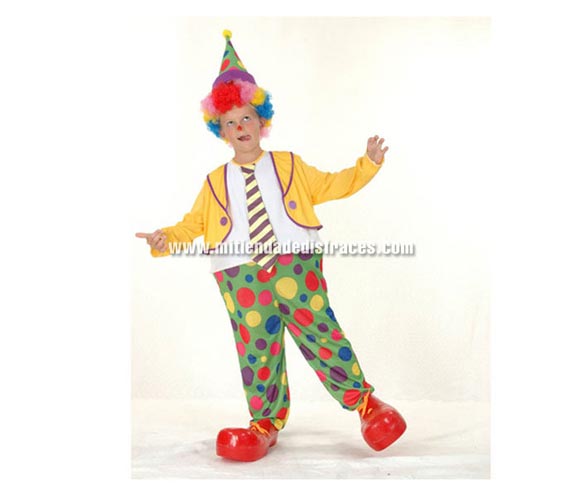 Disfraz de Payaso Aro niño económico talla de 7 a 9 años. Incluye sombrero y mono con aro y corbata. Peluca y zapatones NO incluidos, podrás verlos en la sección de Complementos.