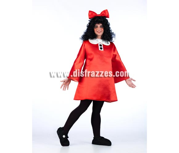 Disfraz de Mafalda para adultos. Talla Universal. Incluye vestido, lazo de la cabeza y cubrezapatos. Peluca NO incluida, podrás verla en la sección de Complementos con la ref. 314RAY. Disfraz original y exclusivo ideal para Peñas, Grupos y Comparsas. 