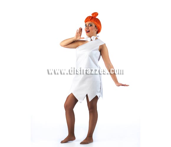 Disfraz de Wilma Picapiedra para mujer. Disponible en 2 tallas. Incluye vestido y collar. Peluca NO incluida, podrás verla en la sección Complementos con la ref. 10014MAR. Éstos disfraces se pueden confeccionar para grupos en tallas para niños, consultar posibilidad y precio por email.