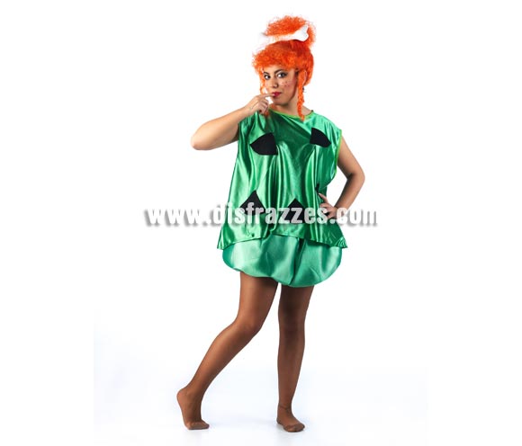 Disfraz de Pebbles Picapiedra para mujer. Disponible en 2 tallas. Incluye camiseta, hueso de la cabeza y pañalote. Peluca NO incluida, podrás verla en la sección de Complementos con la ref. 10015MAR. Éstos disfraces se pueden confeccionar para grupos en tallas para niños, consultar posibilidad y precio por email.