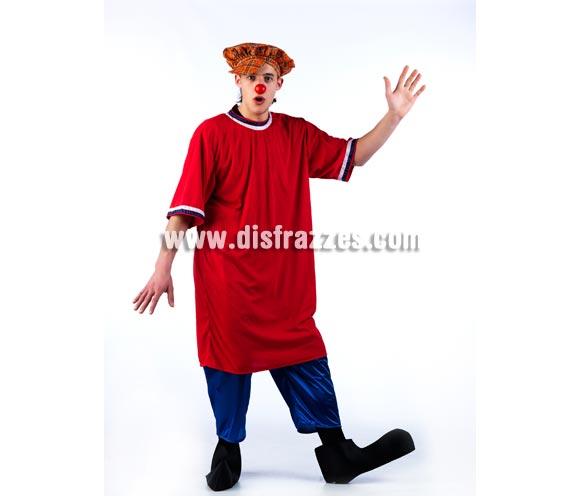 Disfraz de Payaso de la tele CON boina de cuadros para adultos. Talla Universal. Incluye gorra, camisón, pantalón semi corto ( estilo pantalón pirata) y cubrepies. Nariz NO incluida, podrás verla en Complementos. El estampado de la tela de la Boina puede variar, pero siempre será semejante o gracioso para ir en corcondancia con el disfraz.