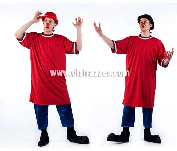 Disfraz de Payaso de la Tele SIN gorro para hombre. Talla Universal. Incluye camisón, pantalón semi corto ( estilo pantalón pirata) y cubrepies. Bombín NO incluido, en la imagen damos 2 ejemplos para que veas cómo queda con el Bombín rojo o negro.