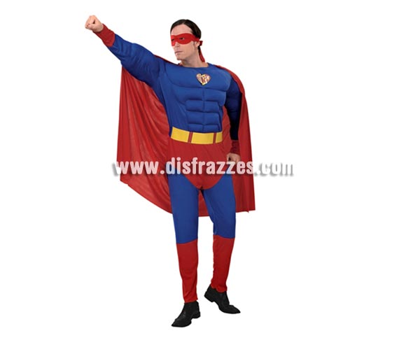 Disfraz barato de Héroe Musculoso adulto. Talla XL = 54/58. Incluye mono con relleno imitando músculos, cinturón, antifaz y capa. Para disfrazarte e ir igual que el mismísimo Superman. Perfecto para Despedidas de Soltero.