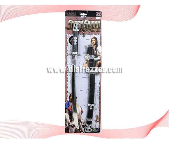 Espada o Sable con funda PVC plateado y negro que sirve como complemento para disfraces de Ninjas y Samurais.