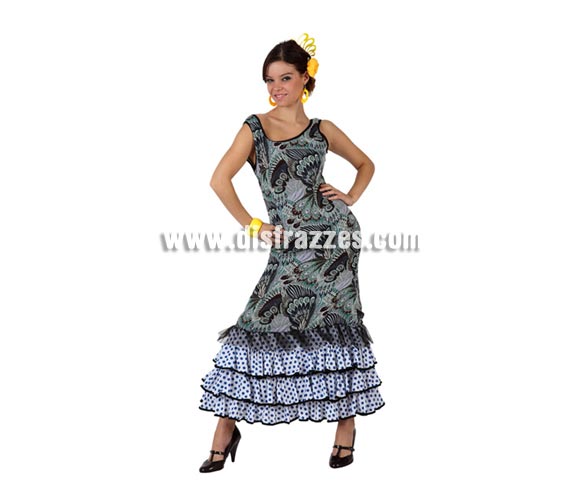 Disfraz barato de Faralae estampado para mujer. Talla standar M-L = 38/42. Incluye vestido. Éste traje de Sevillana o Flamenca es perfecto para la Feria de Abril.