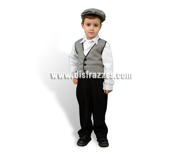 Disfraz de Madrileño para niños de 2 a 4 años. Incluye chaleco, pantalón, camisa, pañuelo y gorra. Éste traje de Chulapo infantil es ideal para la Feria de San Isidro de Madrid.