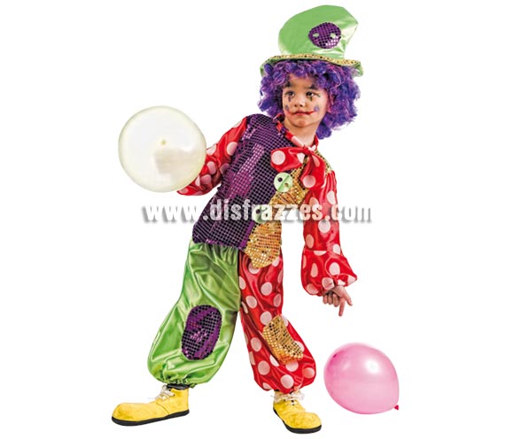Disfraz de Payaso Botones Deluxe para niño. Alta calidad, hecho en España. Disponible en varias tallas. Incluye camisa, pantalón y gorro. Peluca, zapatones y globos No incluidos, podrás encontrarlos en la sección de Complementos.
