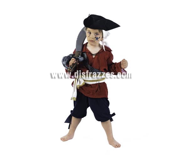 Disfraz de Pirata Greg Deluxe para niños. Alta calidad, hecho en España. Disponible en varias tallas. Incluye camisa, pantalón fajín y sombrero con pañuelo. Espada No incluida, podrás encontrar espadas en nuestra sección de Complementos.