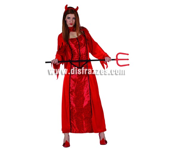 Disfraz de Diablesa o Demonia para mujer. Talla 2 (Standar M-L = 38/42).Incluye vestido, diadema y collar. Tridente NO incluido, podrás encontrar en nuestra sección de Complementos.