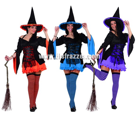 Disfraz de Bruja para mujer. Talla 2 = M-L = 38/42. Incluye vestido y sombrero. Medias y escoba NO incluidos. Serie Silver. Disponible en 3 colores surtidos.