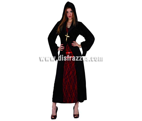 Disfraz de Monja Siniestra para mujer. Talla 2 = M-L = 38/42. Serie Plata. La pareja de éste disfraz es la ref. 04938AT. Incluye vestido con capucha y colagante de cruz.