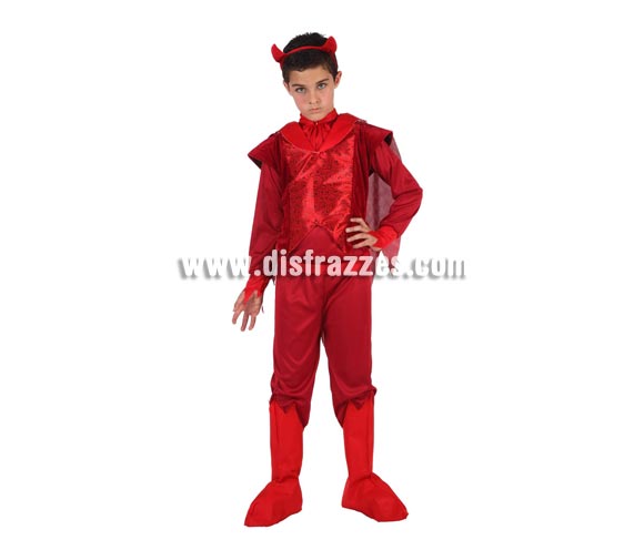 Disfraz de Demonio Fuego para niño. Talla 2 = de 7 a 9 años. Incluye camisa con capa, pantalon, diadema y cubrebotas.