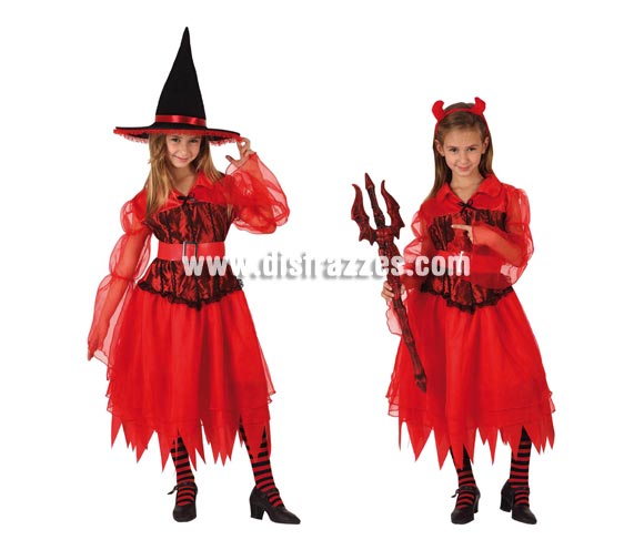 Disfraz de Bruja / Demonio para niñas. Talla de 10 a 12 años. Incluye el sombrero de Bruja y la diadema de Demonia. Éste disfraz es como un 2 x 1, podrás vestir a la niña 2 veces diferentes con el mismo disfraz. Tridente y medias NO incluidos.