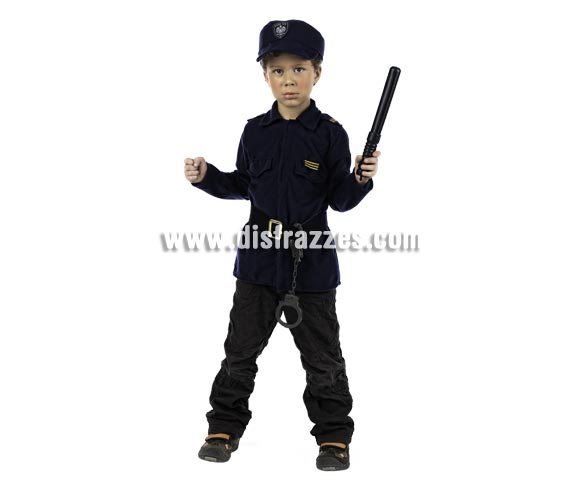 Disfraz de Policia Deluxe para niños de 3-5 años. Alta calidad, hecho en España. Incluye camisa con cinturón y gorro. Porra, esposas y pantalón NO incluido, podrás encontrar porras y esposas en nuestra sección de Complementos.