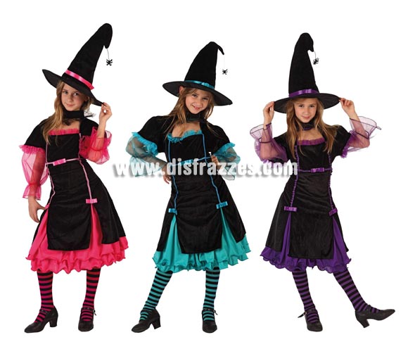 Disfraz de Bruja con cuello Araña para niñas. Talla de 7 a 9 años. Disponible en 3 colores surtidos. Precio por unidad. Incluye vestido y sombrero. Medias NO incluidas.
