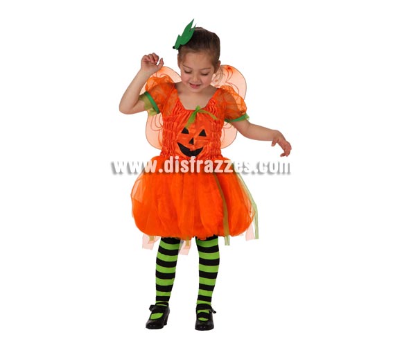Disfraz de Calabaza con alas para niña. Talla de 3 a 4 años. Incluye vestido, alas y hoja del pelo. Medias NO incluidas.