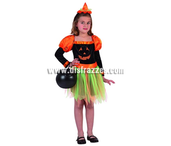 Disfraz de Bruja Calabaza para niña. Talla de 5 a 6 años. Caldera NO incluida, podrás verla en la sección de Complementos. Serie ORO alta calidad.