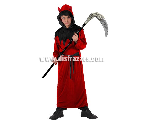 Disfraz barato de Demonio o Diablo para niños. Talla de 7 a 9 años. Incluye vestido y cinturón. Guadaña NO incluida, podrás ver éste artículo o similares en la sección de Complementos.