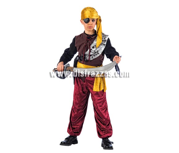 Disfraz de Pirata Tétrico Deluxe para niño. Alta calidad, hecho en España. Disponible en varias tallas. Incluye camisa, pantalón, cinturón, pañuelo y complemanto de latex. Espada NO incluida, podrás encontrar en la sección de Complementos.