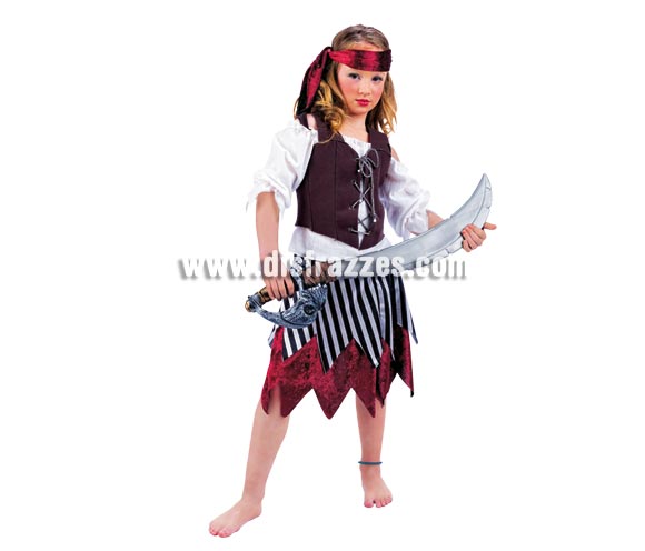 Disfraz de Pirata Talia Deluxe para niña. Alta calidad, hecho en España. Disponible en varias tallas. Incluye camisa, corpiño, falda y cinta del pelo. Espada No incluida, podrás encontrarla en la sección de Complementos.