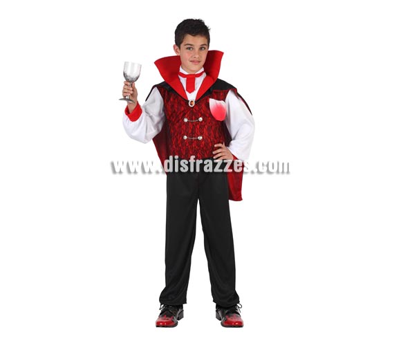 Disfraz de Vampiro con corbata para niño. Talla de 5 a 6 años.  Incluye camisa con capa, corbata y pantalón. Disfraz de Drácula en tallas de niño para Halloween.