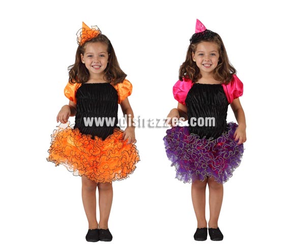 Disfraz de Bruja con falda de volantes para niña. Talla de 5 a 6 años. Disponible en 2 modelos surtidos. Precioso disfra con el que tu hija estará preciosa en Halloween, seguro que con éste vestido tan original será la más guapa.