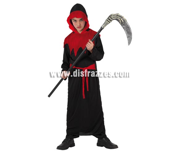 Disfraz muy barato de Zombie Encapuchado para niño. Talla de 5 a 6 años. Incluye vestido y cinturón. Guadaña NO incluida, podrás ver ésta o parecidas en la sección de Complementos.