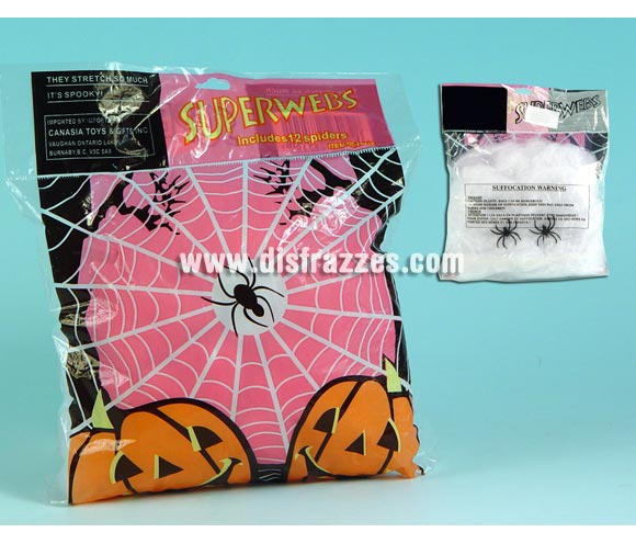 Telaraña de 44 gr. con 2 arañas para decoración en Halloween.