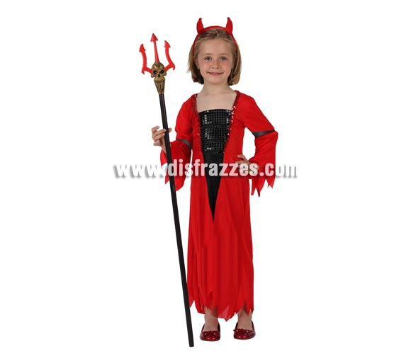 Disfraz barato de Diablesa o Demonio rojo para niña. Talla de 10 a 12 años. Incluye vestido y diadema. Tridente NO incluido, podrás verlo en la sección de Complementos.