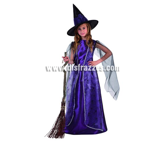 Disfraz de Bruja Púrpura lujo para niña. Talla de 7 a 9 años. Incluye vestido y sombrero. Escoba NO incluida, podrás verla en la sección de Complementos.