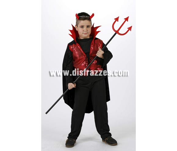 Disfraz de Demonio o Diablo rojo para niños. Talla de 7 a 9 años. Incluye pantalon, capa, chaleco, cuello y diadema. Tridente NO incluido, podrás verlo en la sección de Complementos.