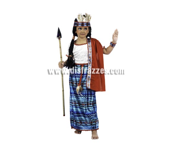 Disfraz de Princesa Piel Roja Deluxe para niña. Alta calidad, hecho en España. Disponible en varias tallas. Incluye vestido con mantón, puños y diadema. Lanza NO incluida, podrás encontrar lanzas en nuestra sección de Complementos.