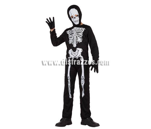 Disfraz de Esqueleto super barato para niños. Talla de 10 a 12 años. Incluye mono, capucha y guantes.