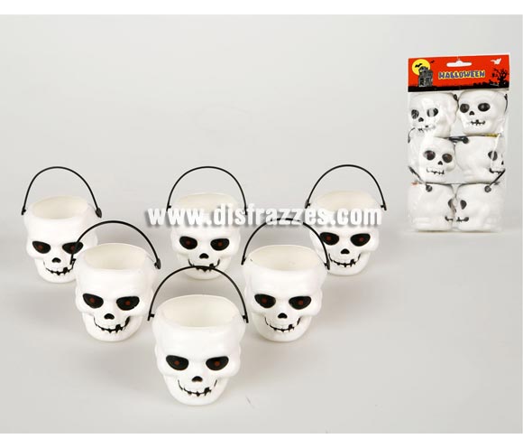 Bolsa de 6 vasos Calaveras de plástico porta velas para Halloween. Perfectas para decoración de Halloween.