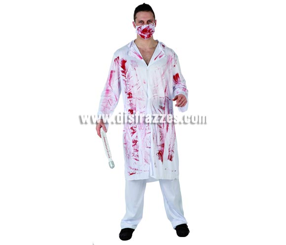 Disfraz de Médico loco sangriento para hombre. Talla 2 ó talla standar M-L 52/54. Termómetro NO incluido. Incluye pantalon, camisa y mascarilla.