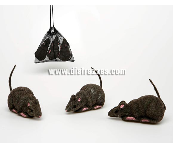 Bolsa de red con 3 ratas para decorar en Halloween.