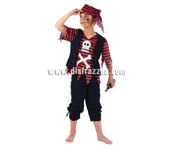 Disfraz de Pirata Calavera Deluxe para niño. Alta calidad, hecho en España. Disponible en varias tallas. Incluye camisa, pantalón y pañuelo. Catalejo NO incluido, podrás encontrar en nuestra sección de Complementos.