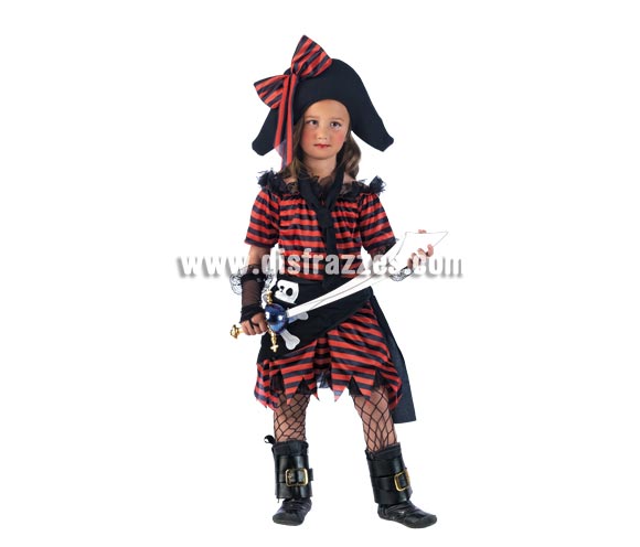 Disfraz de Pirata Corbata Deluxe para niña. Alta calidad, hecho en España. Disponible en varias tallas. Incluye vestido, corbata y gorro. Espada NO incluida, podrás encontrar espadas en la Sección de Complementos.