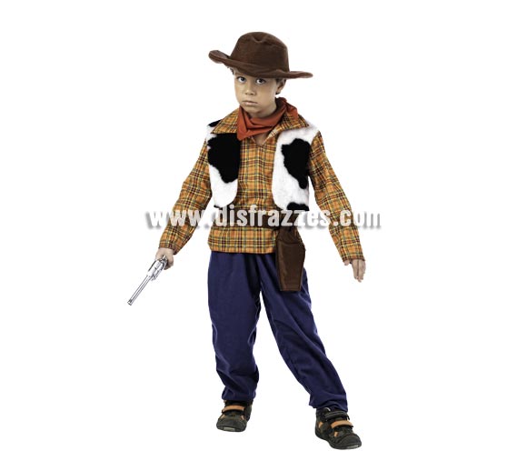 Disfraz de Vaquero Deluxe para niño. Alta calidad, hecho en España. Disponible en varias tallas. Inlcuye camisa con chaleco, pantalón, gorro, revolvera y pañuelo. Pistola NO incluida, podrás encontrar en nuestra sección de Complementos.